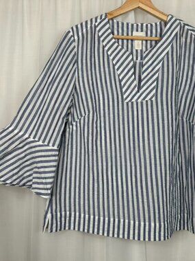 Chicos Womens Pullover Blouse Top Size Large/2/12 Striped Cotton Blend Coastal